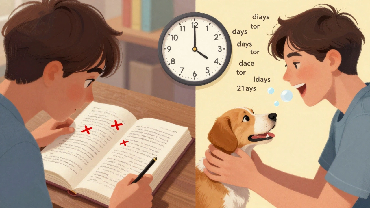 Split image: one side shows textbook frustration, the other shows joyful speaking to a pet.