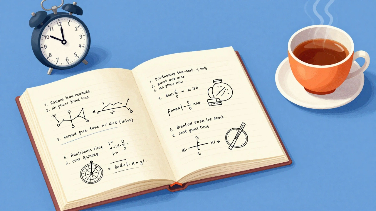 Top-down view of study materials including open notebook, timer, and textbooks.