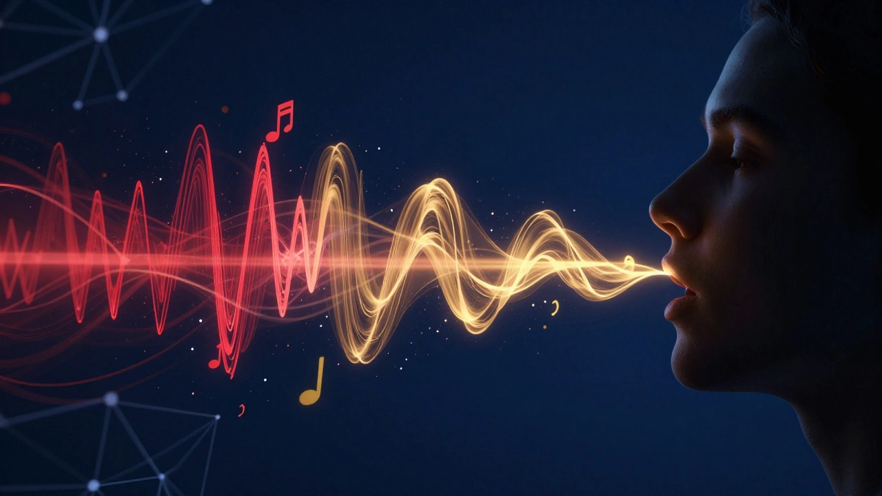 Conceptual art of sound waves turning from red to gold, symbolizing improved pronunciation.