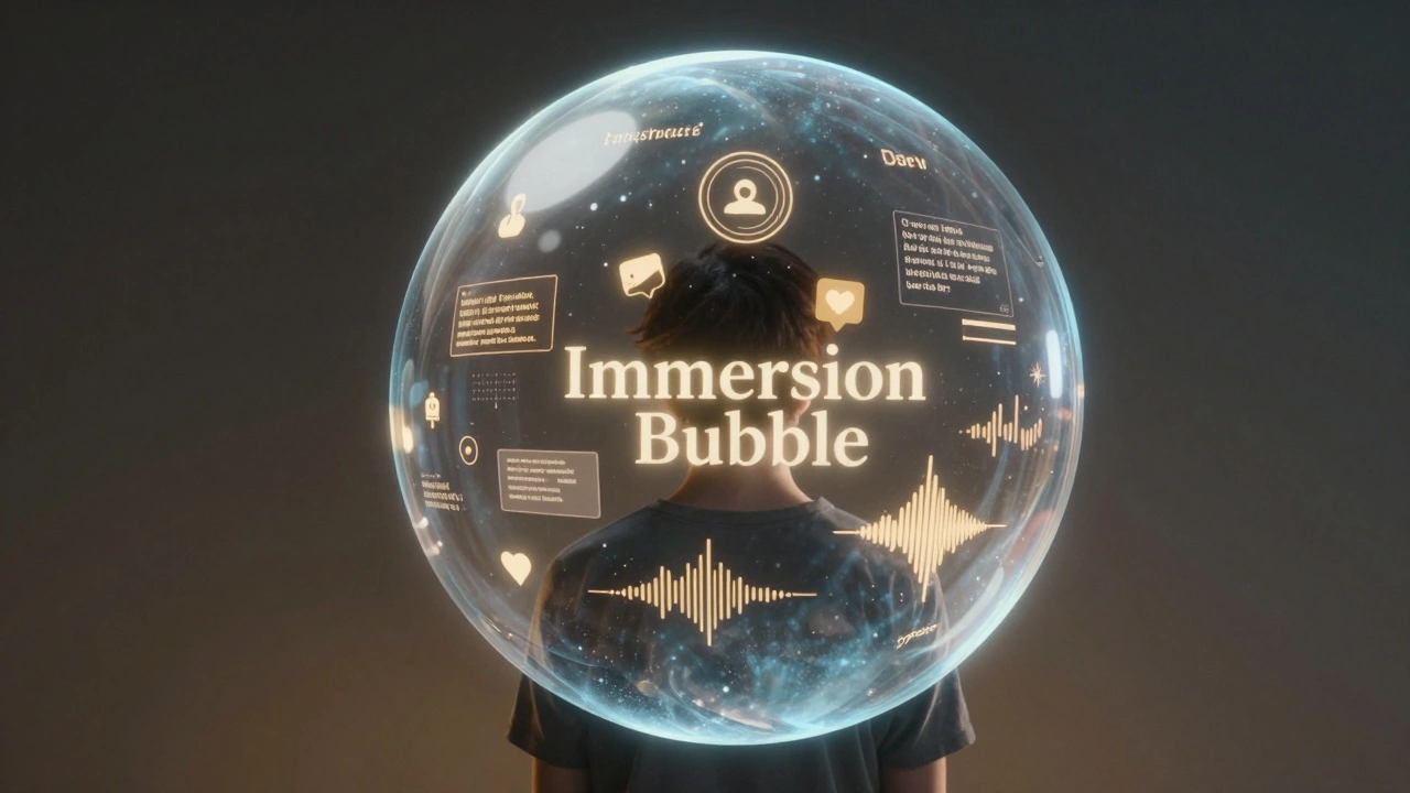 Conceptual illustration of a person inside a digital bubble of English language elements