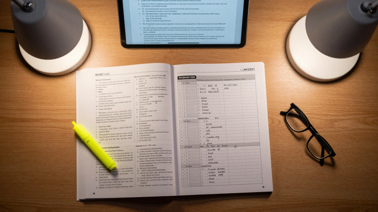 Top-down view of NCERT textbooks and a study planner on a wooden desk