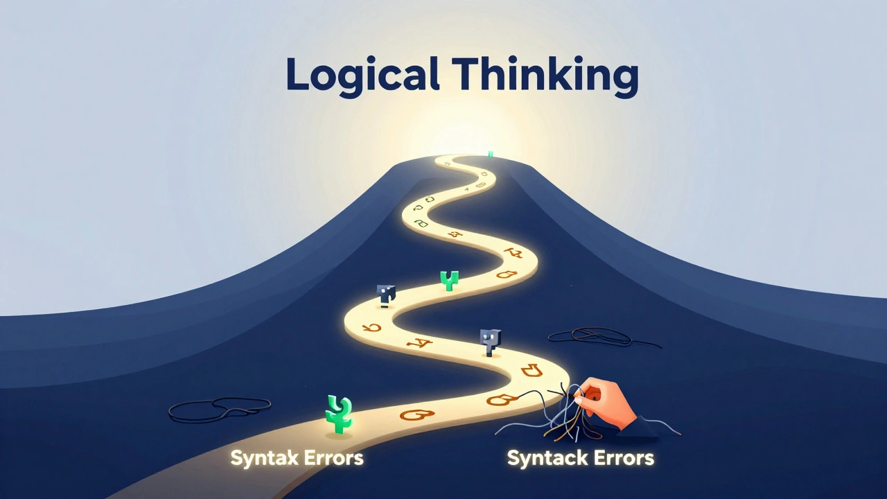 Abstract 3D path showing progression from syntax errors to logic