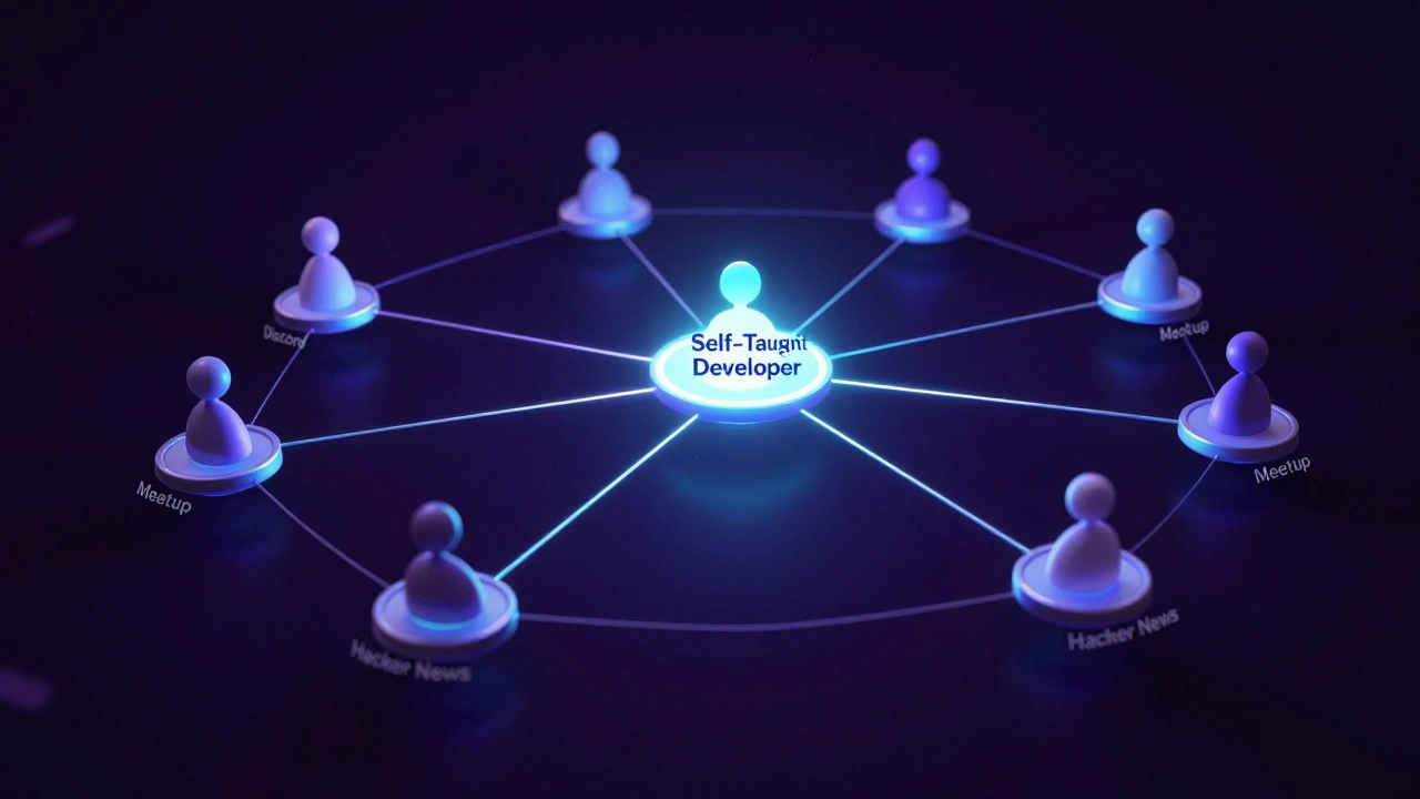 Abstract 3D visualization of a developer connected to a vast online tech community.