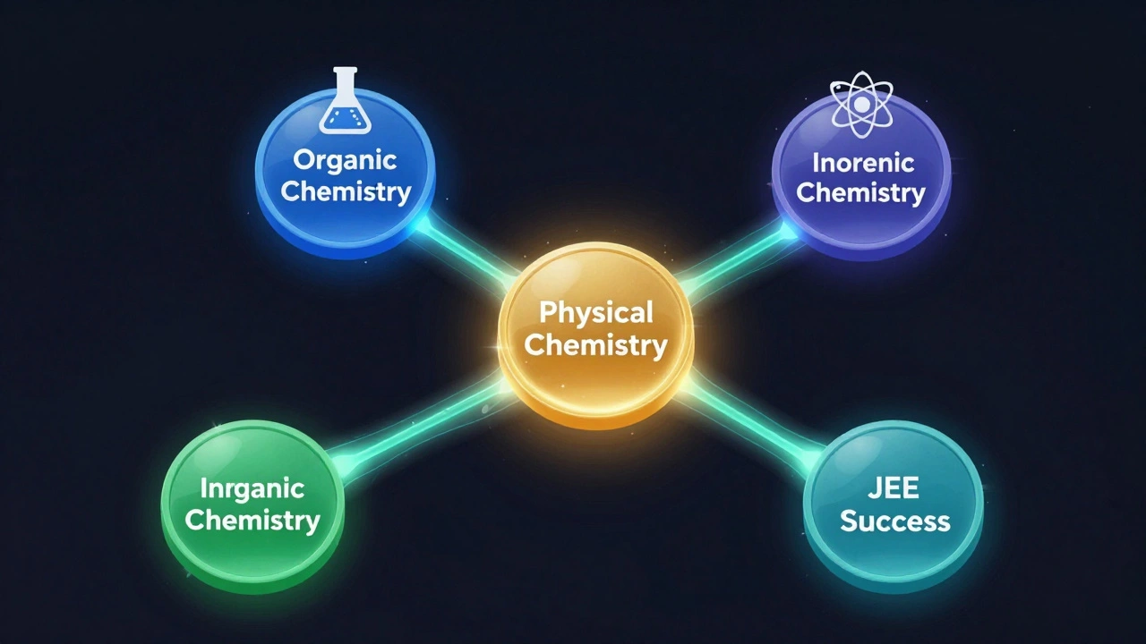 Diagram showing how physical chemistry connects organic and inorganic topics