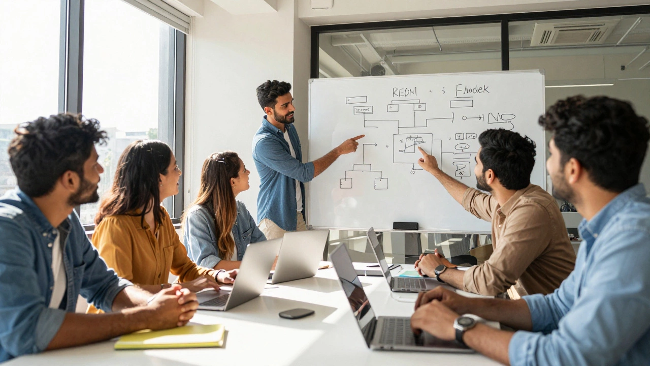 Diverse group collaborating and learning coding together in office