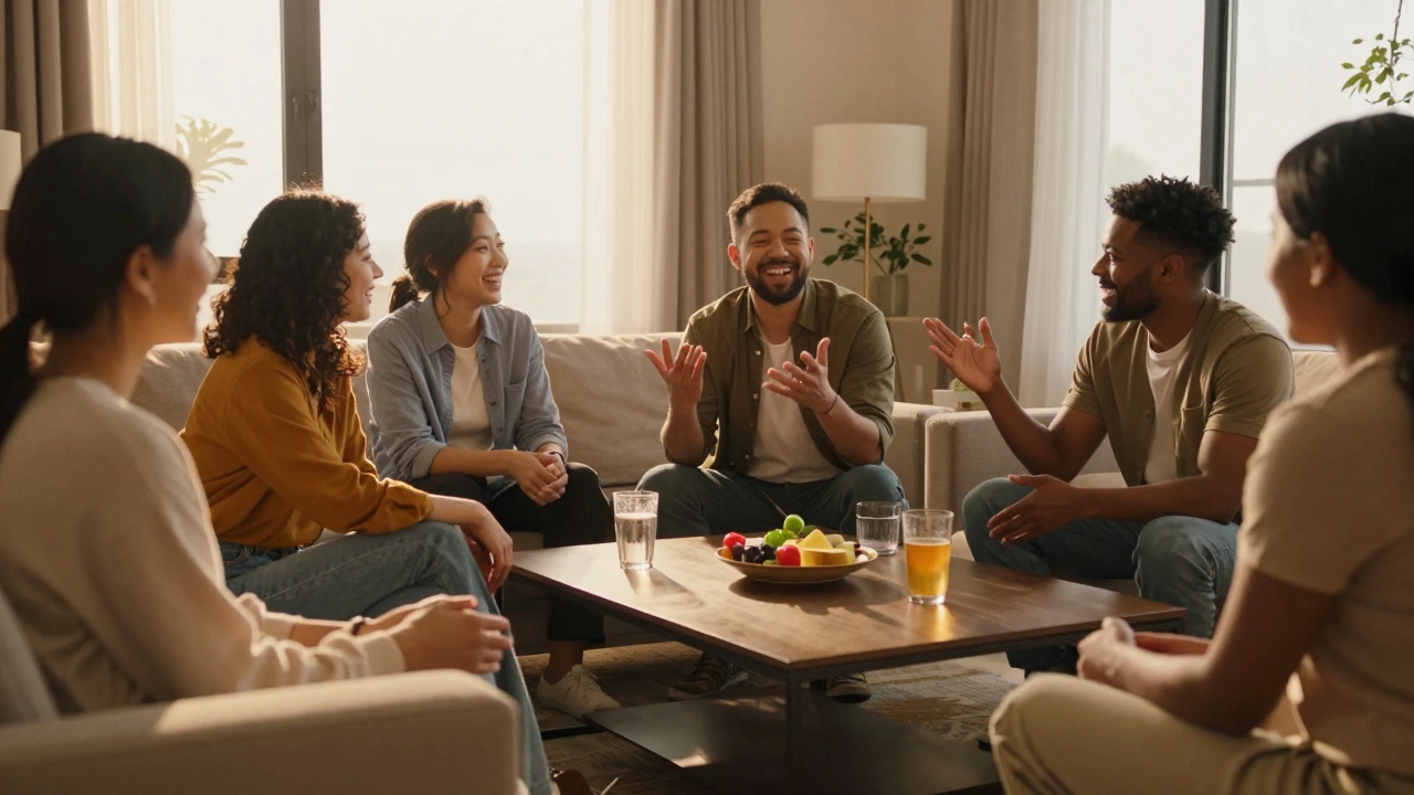 Group of friends laughing and chatting in a warm living room
