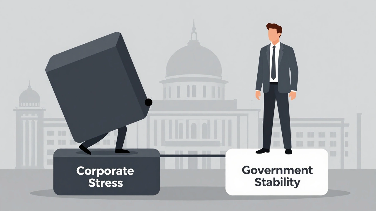 Illustration comparing corporate stress versus government job stability.