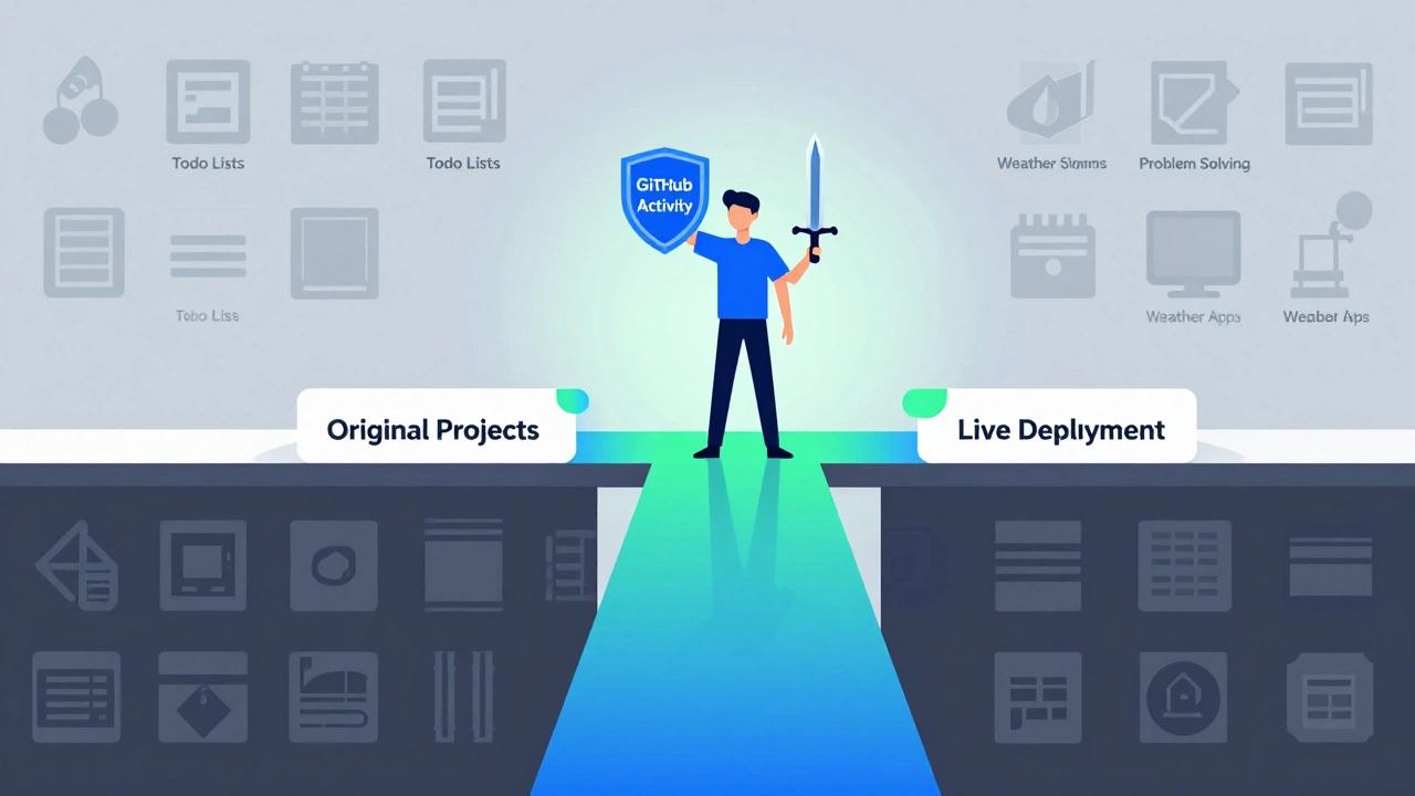 Illustration of a developer crossing a bridge of original projects over generic tutorials.