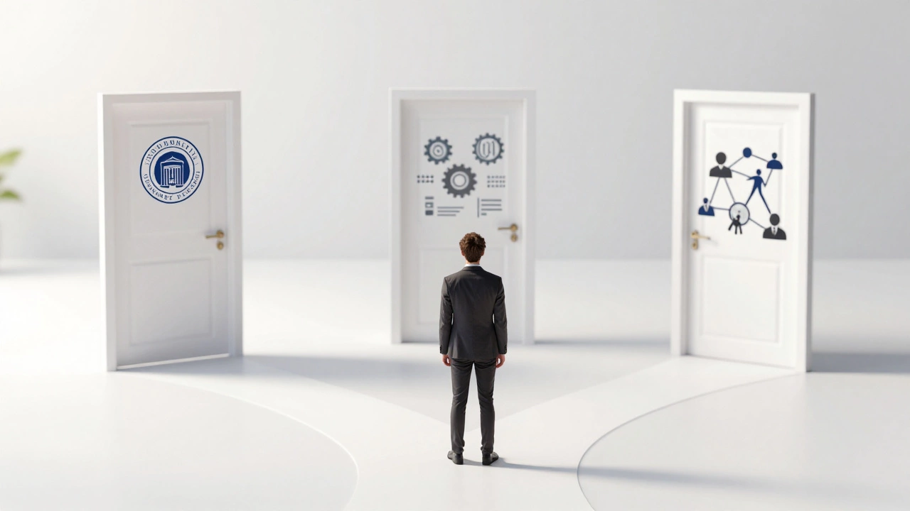 Person standing at a crossroads choosing different online learning paths
