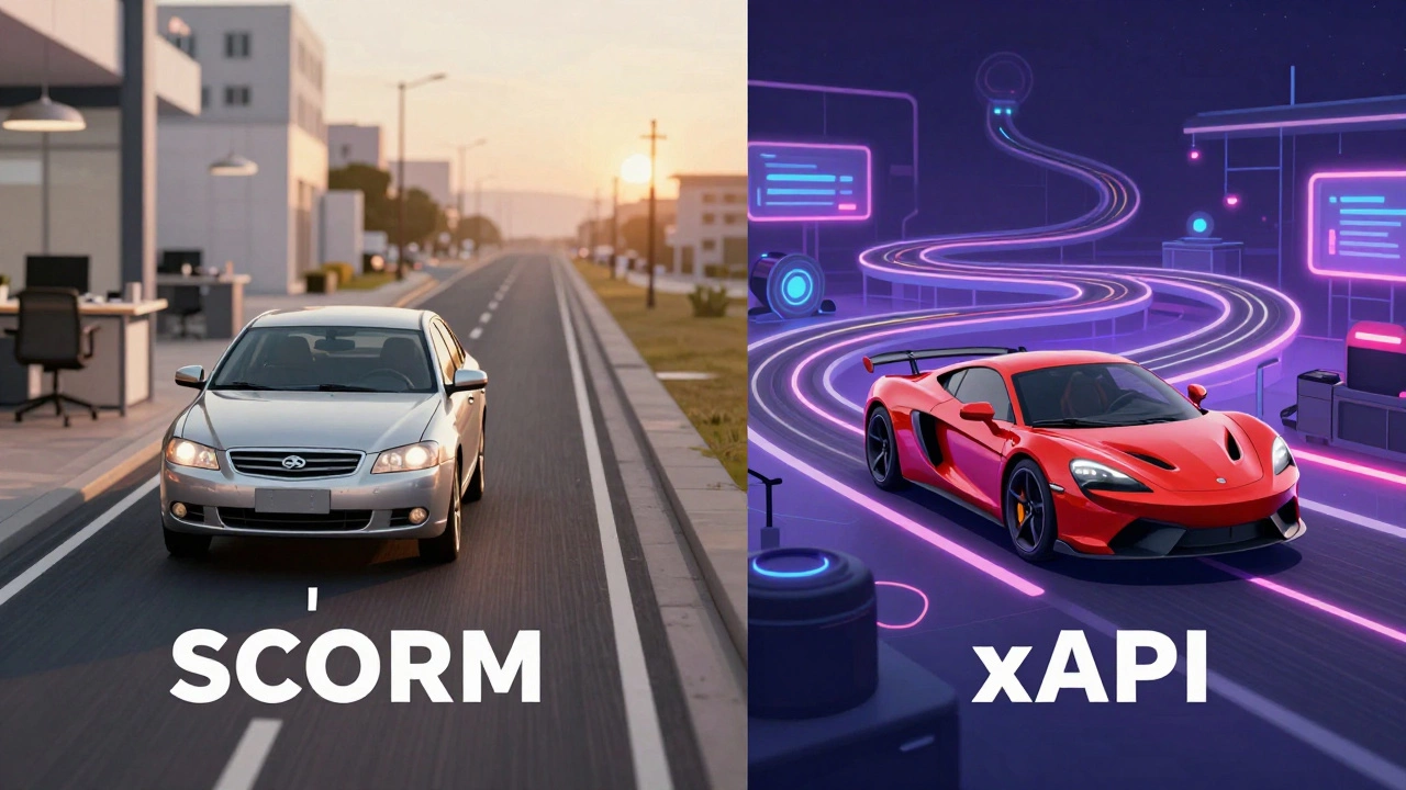 Split view comparing a reliable sedan for SCORM against a sports car for xAPI