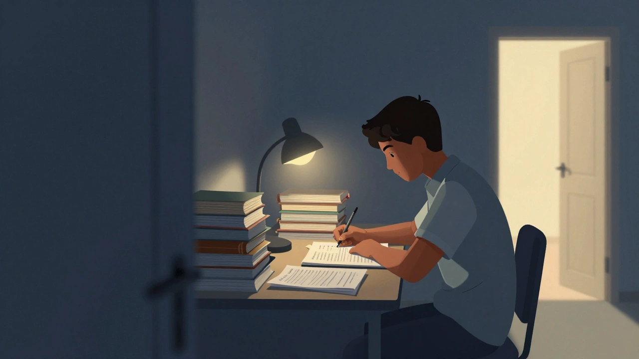 Student studying intensely for competitive exams with books and a lamp.