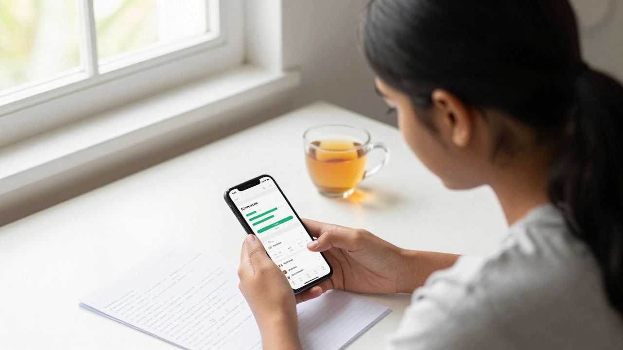 Student studying with a mobile app in a calm, sunlit room