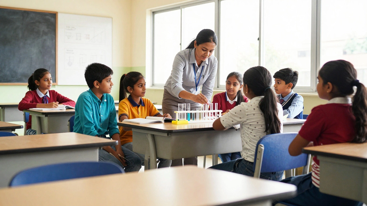 Teacher guiding students in a small interactive science class