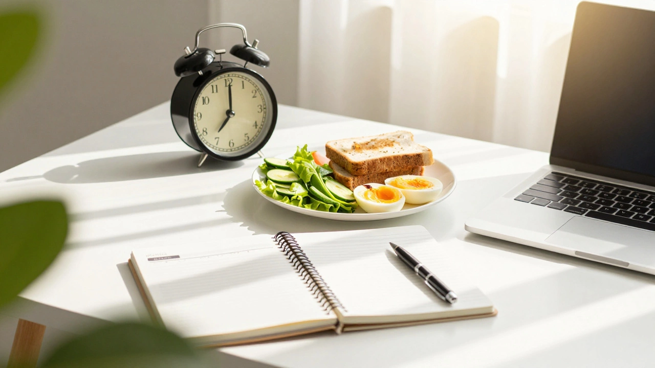 Tidy study desk with morning light and healthy breakfast