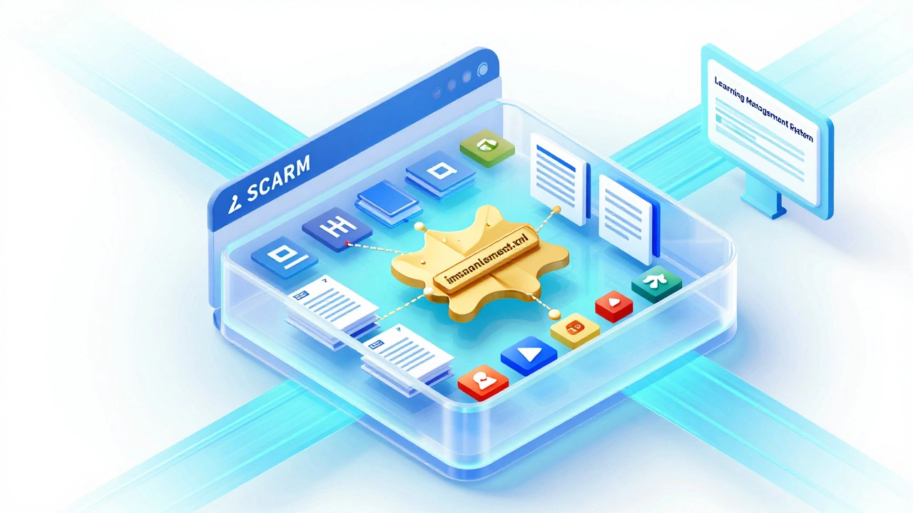 Transparent SCORM package showing organized HTML, media, and manifest file components
