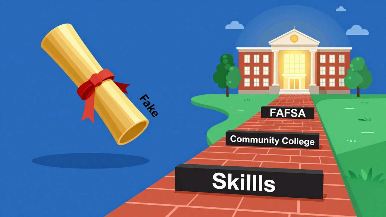 Conceptual art comparing fake diplomas to legitimate educational pathways