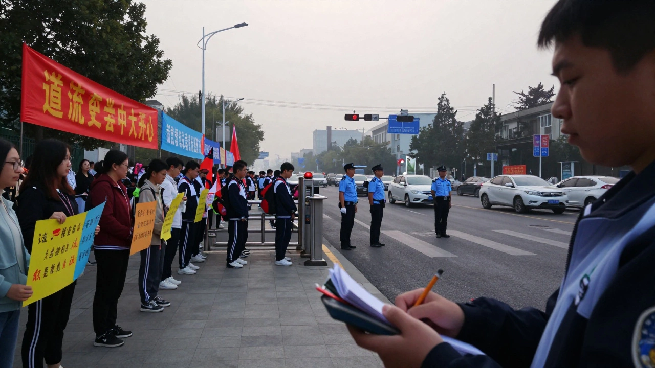 Parents waiting outside a Chinese Gaokao exam center with banners