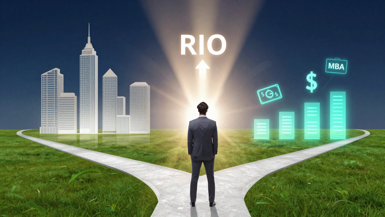 Professional calculating MBA ROI at a career crossroads