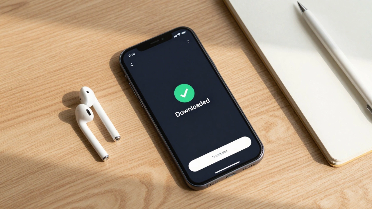Smartphone with dark mode eLearning app, earbuds, and notebook on table