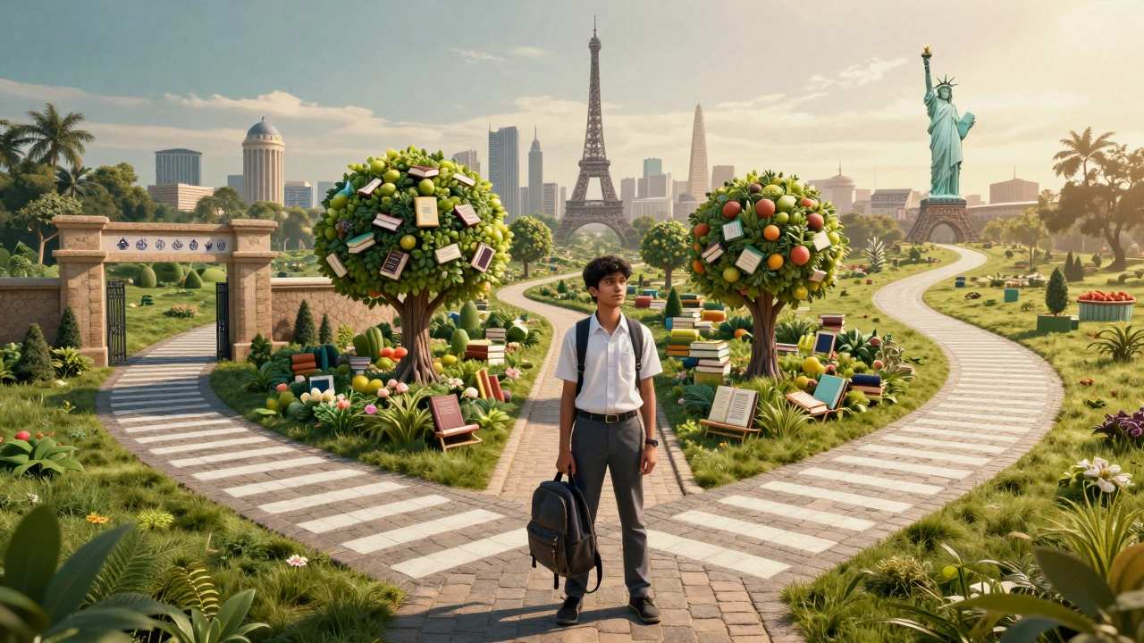 Student choosing between three educational paths at a metaphorical crossroads