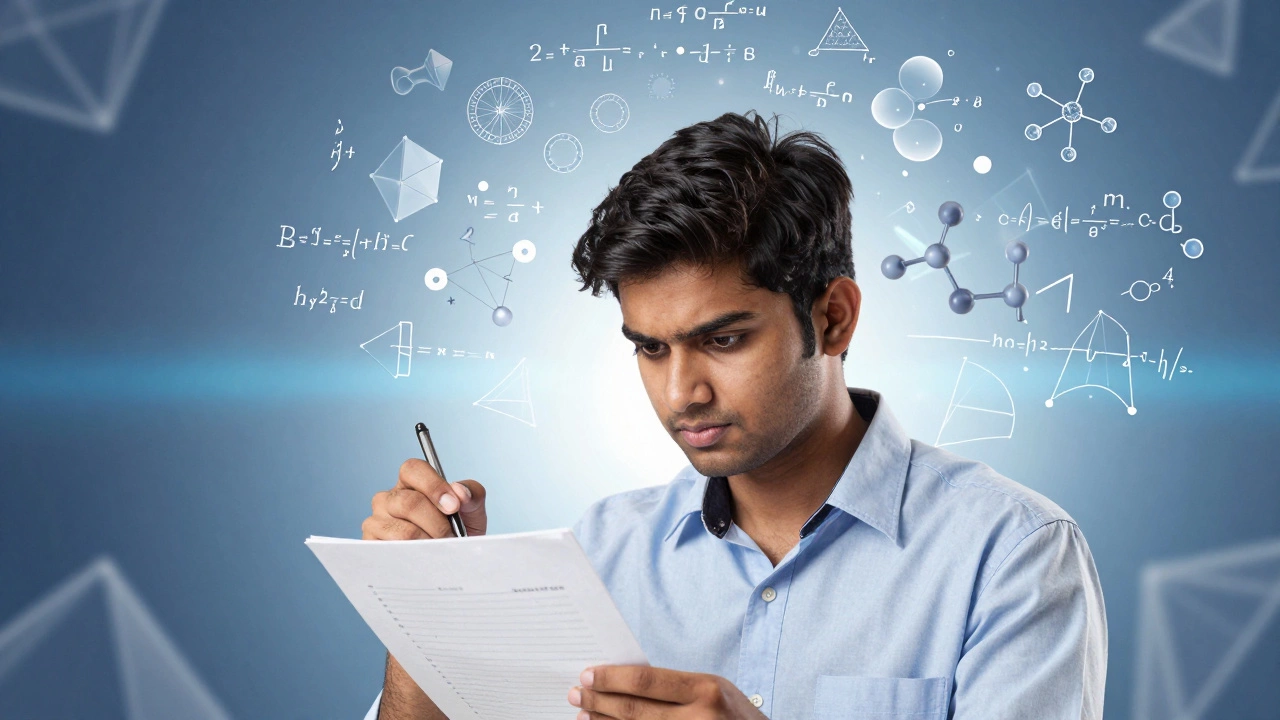 Student surrounded by floating math formulas solving IIT-JEE problems