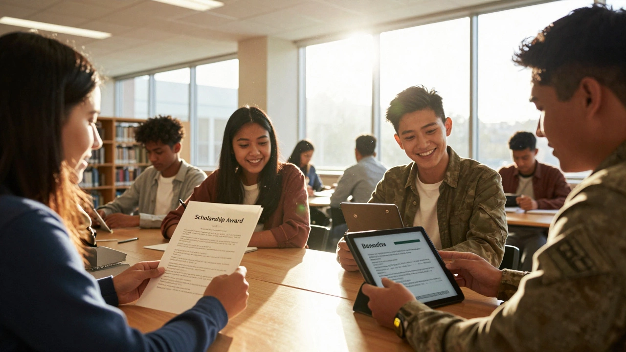 Students reviewing scholarship awards and financial aid documents in library
