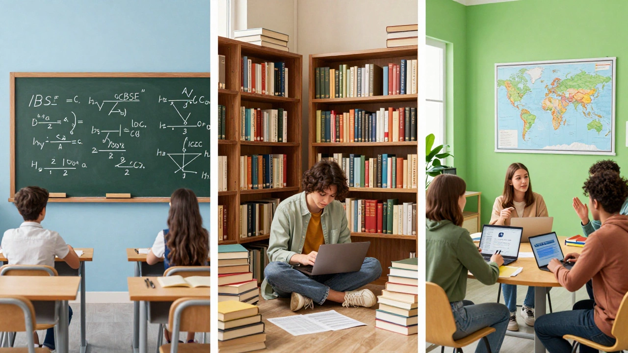 Three classrooms representing CBSE science, ICSE literature, and IB debate