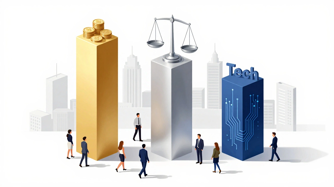 Three pillars representing different MBA career paths and salaries