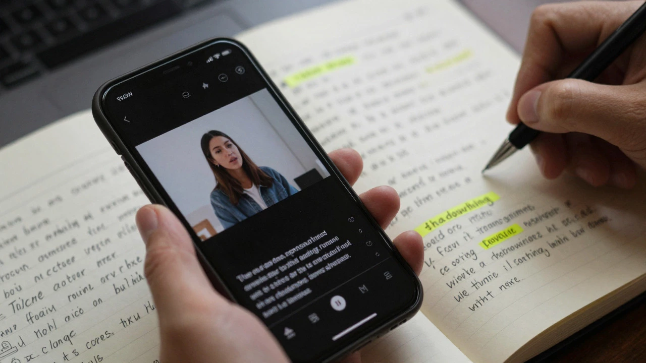 Close up of notebook and phone showing active study method