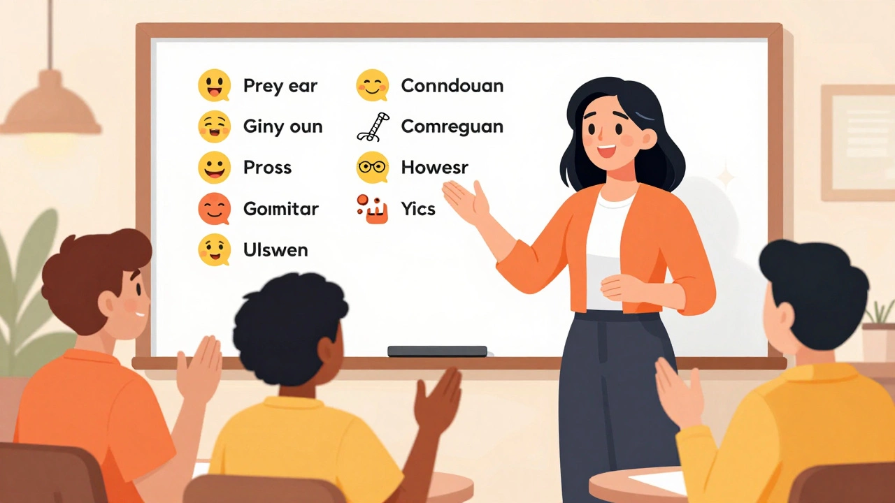 Energetic teacher guiding students in conversation practice
