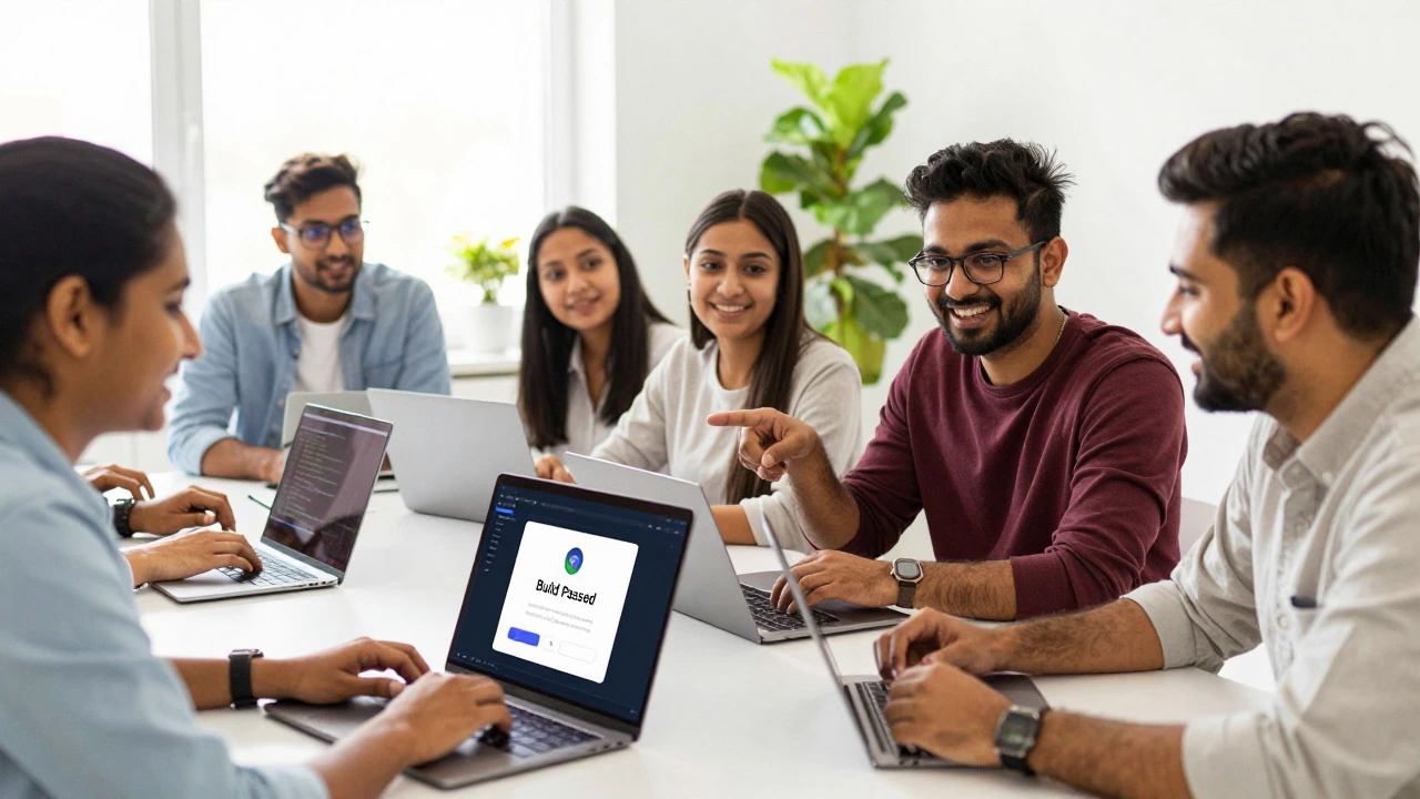 Group of developers collaborating happily in a bright modern workspace