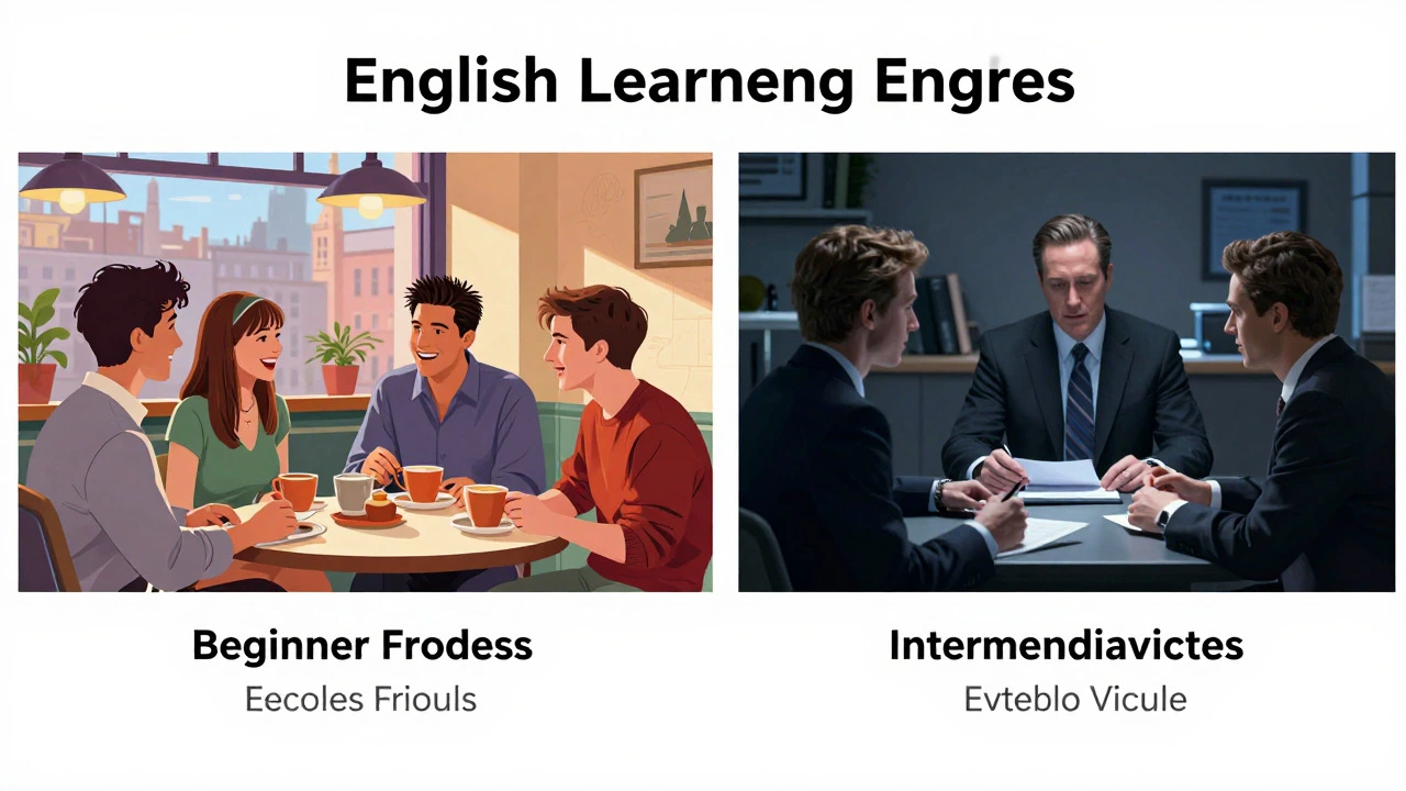 Illustration comparing sitcom and drama scenes for language learning
