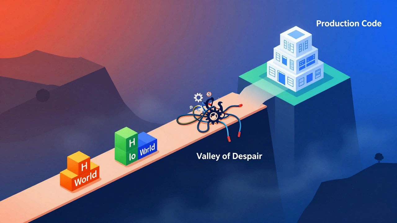 Illustration of the coding learning curve from beginner mistakes to mastery