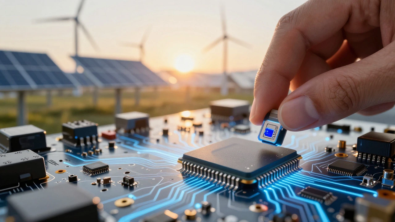 Semiconductor chip held over glowing circuits and green energy