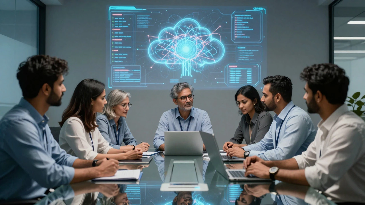 Senior Indian tech team collaborating with holographic AI and cloud data projections.