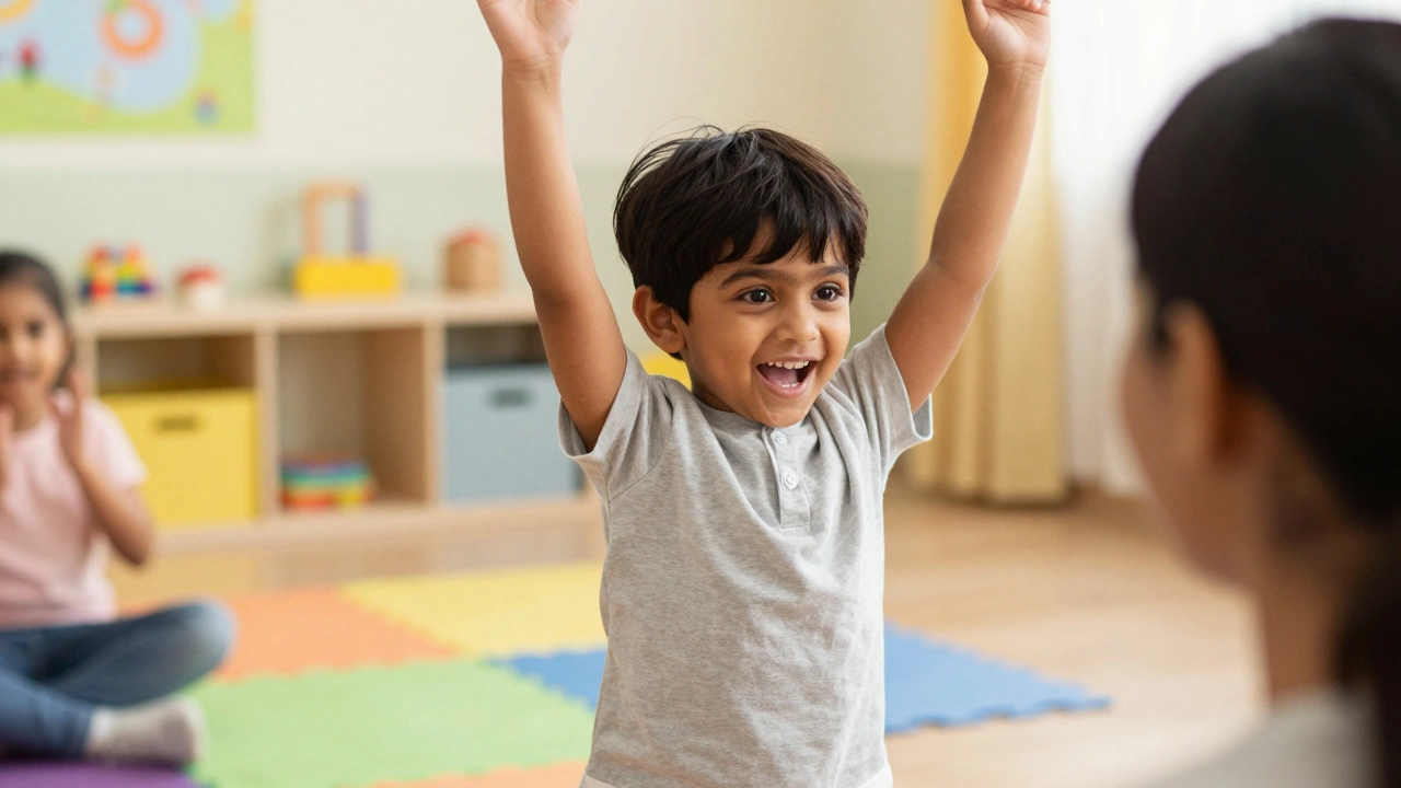 Young Indian child jumping happily during a movement-based language lesson