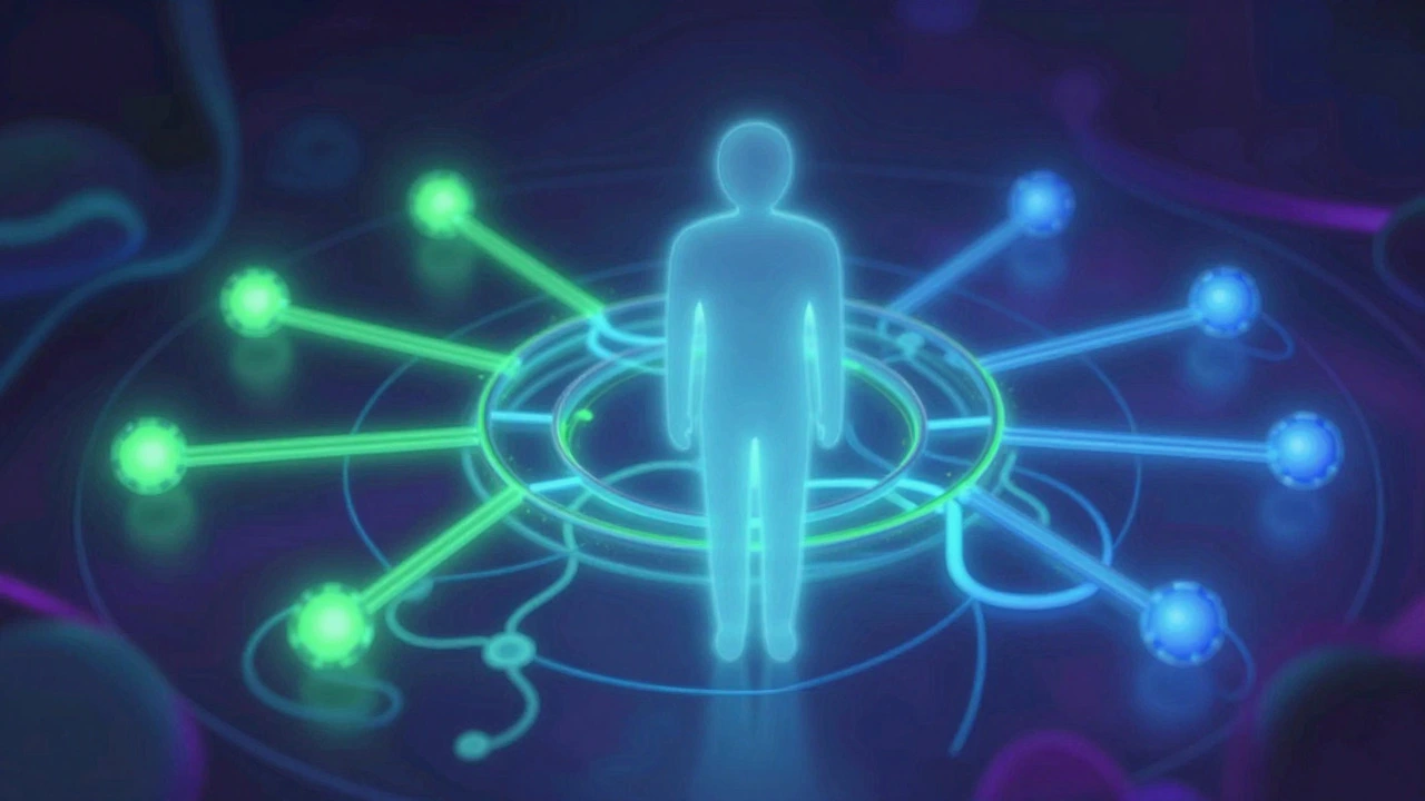 Abstract visualization of adaptive learning paths branching around a user.