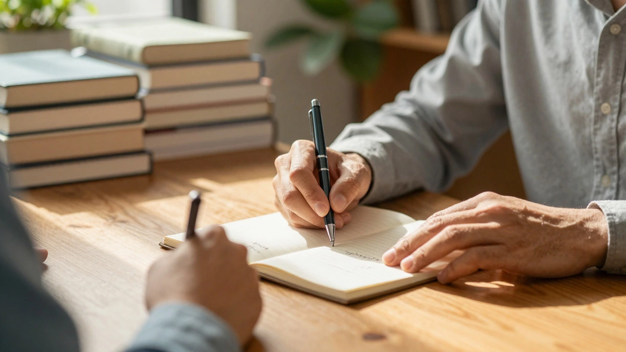 Close-up of two teachers reviewing notes together in a library setting.