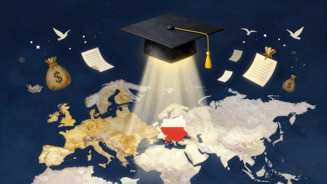 Conceptual art of a graduation cap floating over a map with light beams