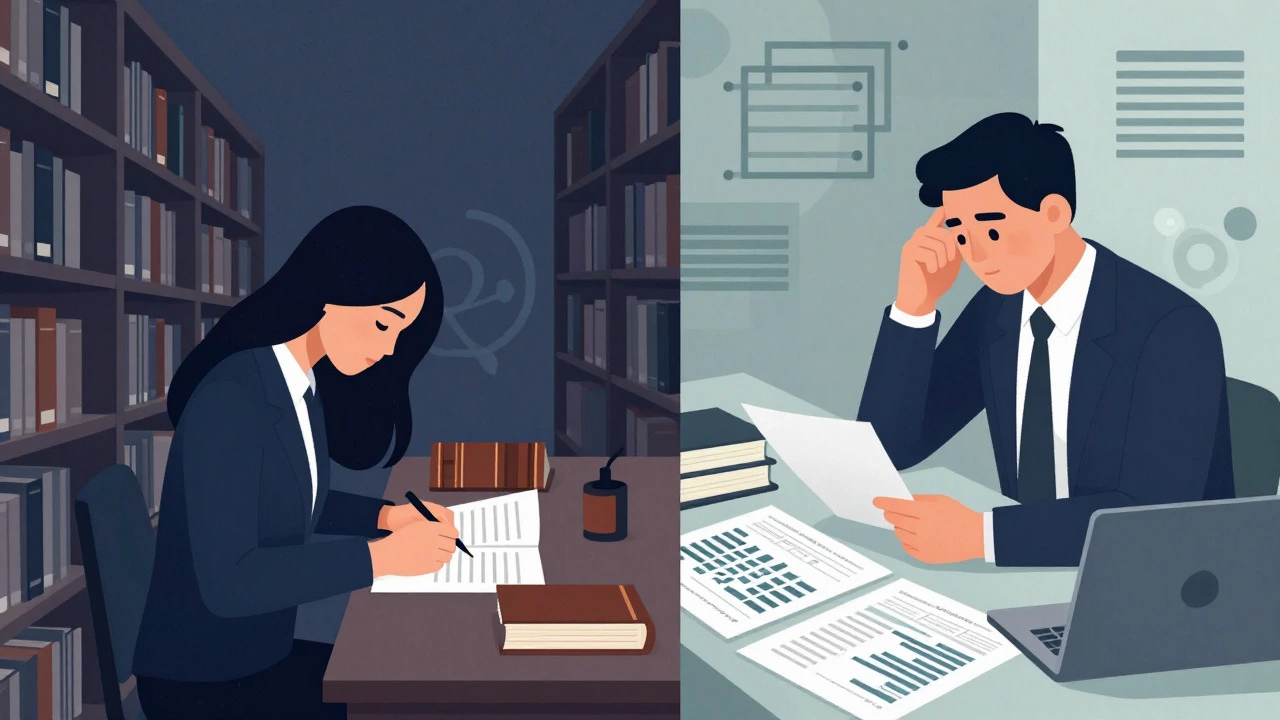 Conceptual art showing a law student and an accountant studying intensely