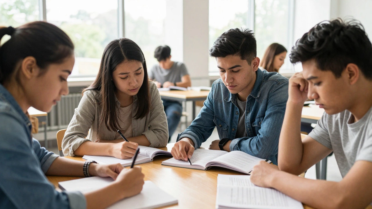Group of students collaborating and studying together in a sunlit library