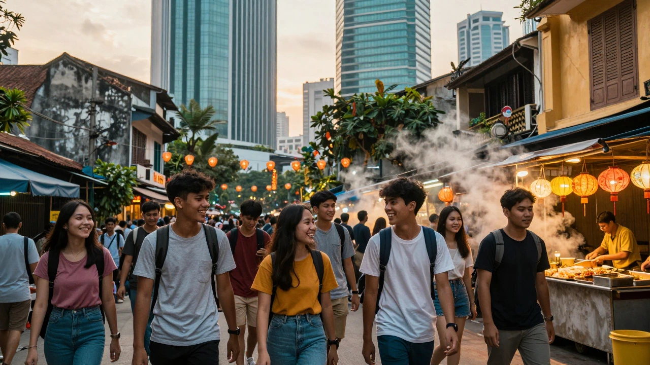 International students walking through a vibrant Southeast Asian city at sunset