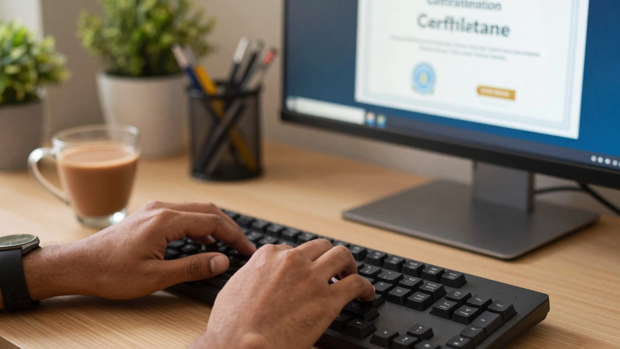 Person typing at home office with chai, representing online learning