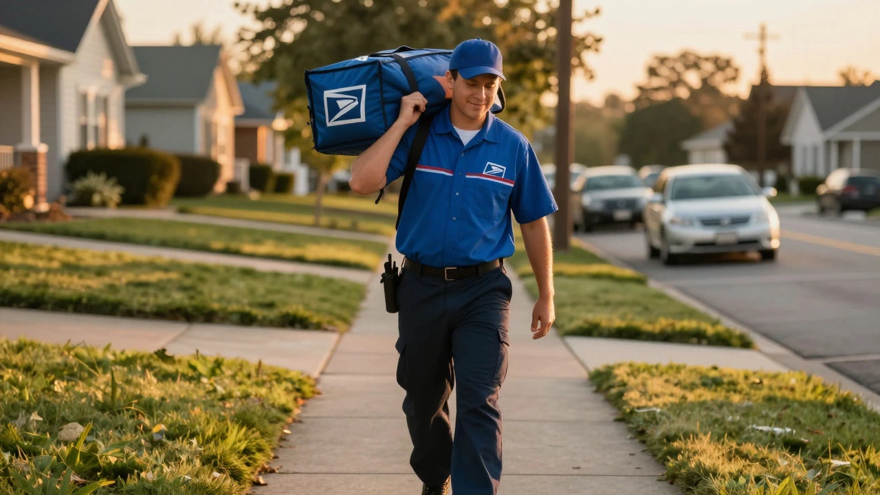 Postal worker carrying mailbag on sunny sidewalk