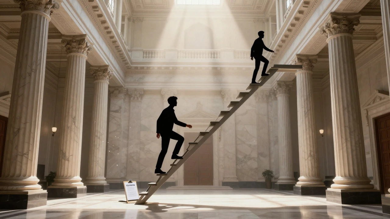 Silhouette climbing career ladder in government hall