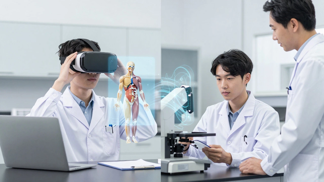 Student using VR for anatomy study alongside hands-on lab practice.