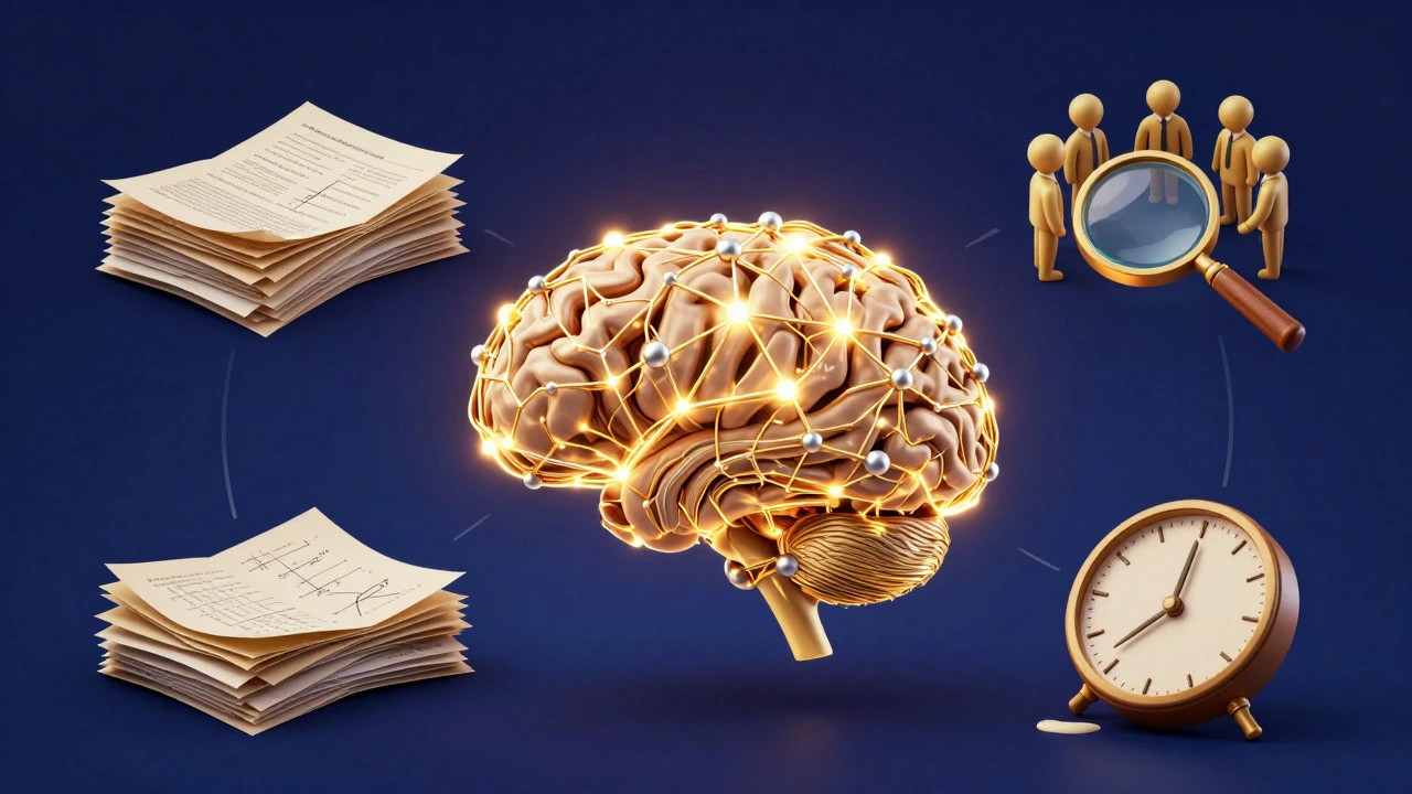 Surreal illustration of a brain with study strategy metaphors