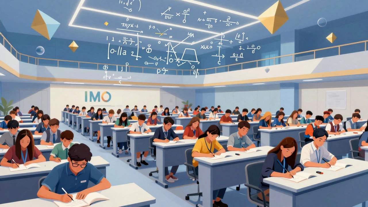 Wide view of international math olympiad participants in a hall