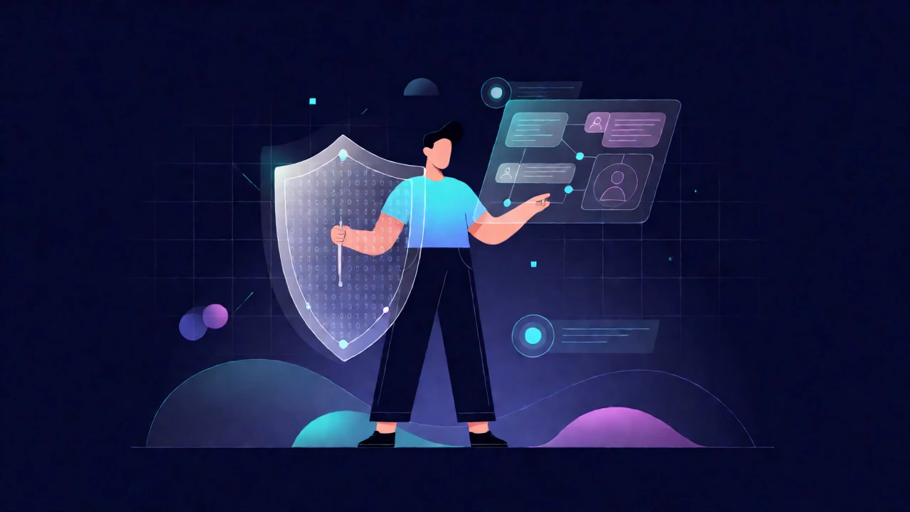 Figure holding a digital shield protecting a holographic product roadmap in a dark setting.