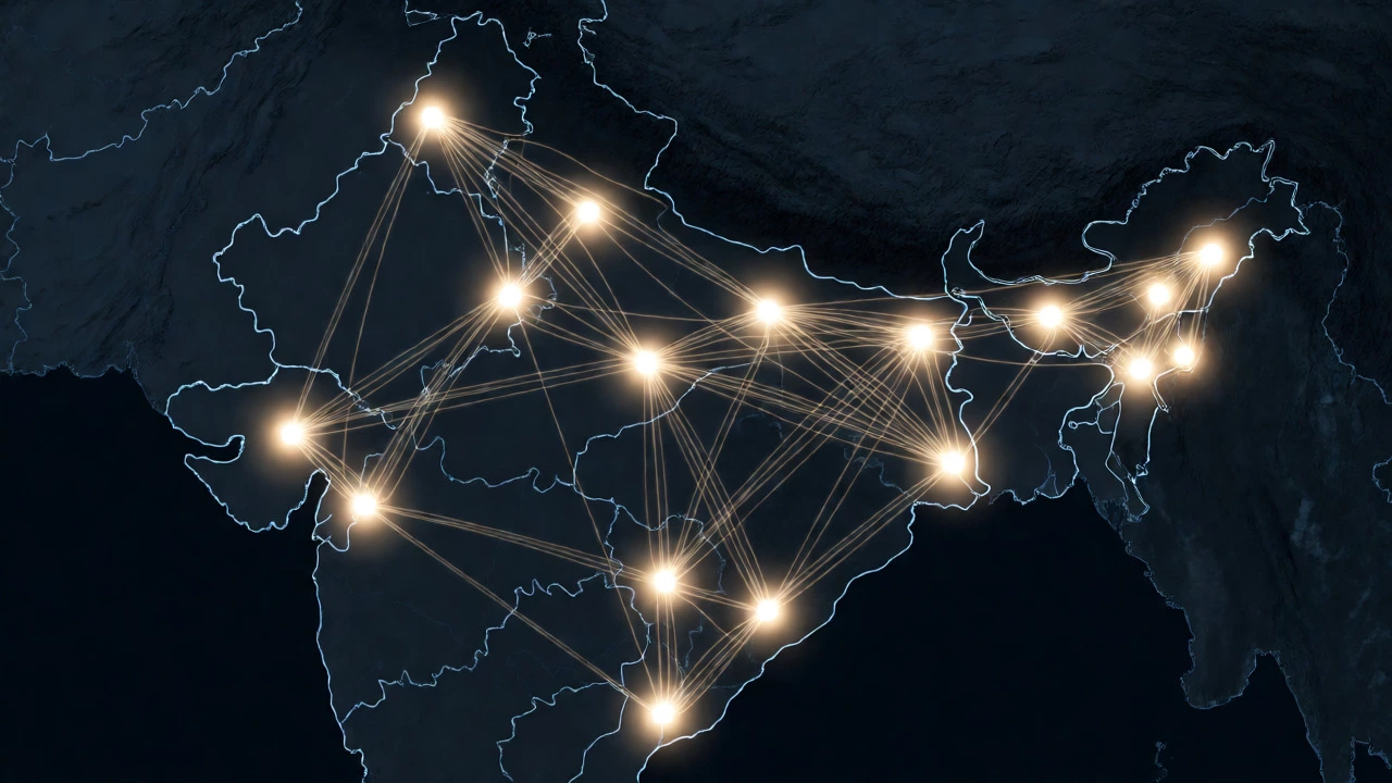Glowing network map of India showing institute locations